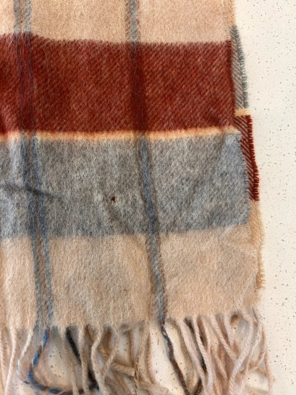 Dior Plaid Wool Scarf in Beige with Rust & Light Blue Accents